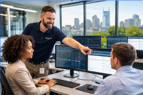 IT technician providing real-time system monitoring assistance to business team —Managed IT services Nashville TN support in a modern office setting
